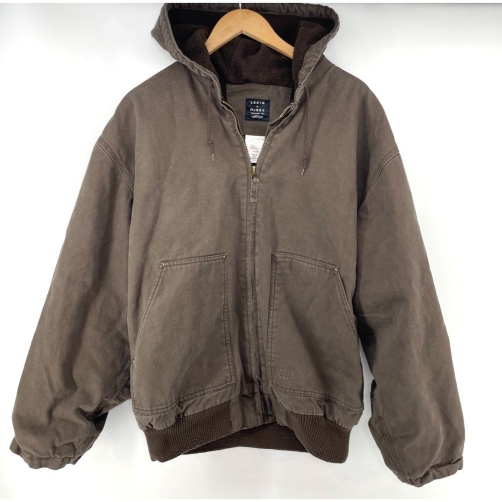 Lakin McKey Hooded Cavas Work Jacket Men XL Brown Y2K Fleece Lined Insulated Vtg